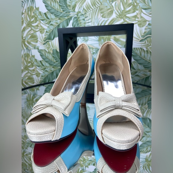 Nude Blue Peep Toe Pin Up Pumps High Heels Dress Shoes w Bowtie and Red Bottom - Picture 10 of 11